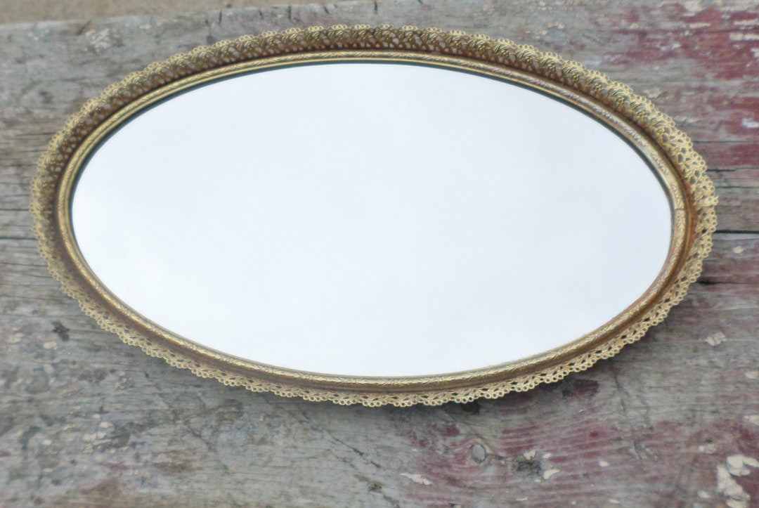 Vintage Oval Vanity Mirror, Filigree Gold Tone, Table Top, Dresser