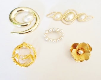 Lot Of 5 Vintage Gold Tone & Pearl Brooches, Bar Brooch, Flower, 5 Brooches, Jewelry, Accessories, Gold Brooch, Collectible, Pin