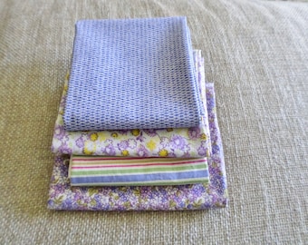 4 Coordinating Fabrics, Misc Size Pieces, Floral, Small Flowers, Purple, Stripe, Yellow, 100% Cotton, Sewing, Quilting, Making Masks