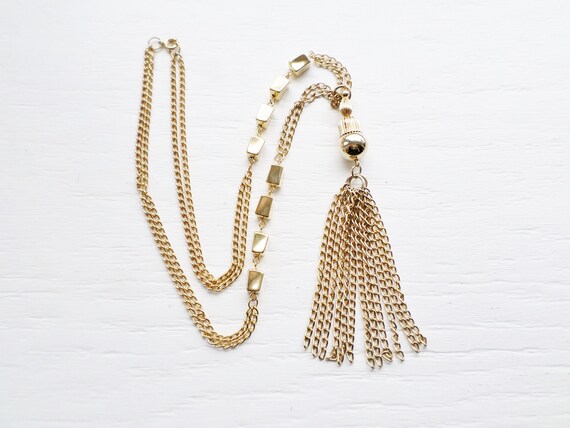 Vintage Gold Tone Dangle Tassel Statement Necklac… - image 2