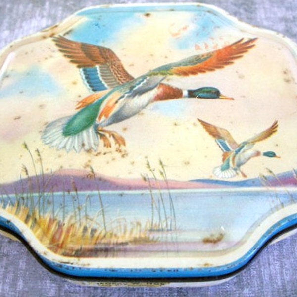 Vintage Horner tin with Mallard Ducks flying collectible tin 1950s