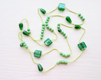 Vintage Green Glass & Plastic Bead Long Necklace, Glass Beads, Three Shades Of Green,  Lime Green Plastic Seed Beads, 60", Over Your Head