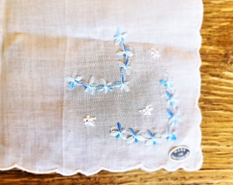 Jahrgang NOS Made In der Schweiz alle Baumwolle Taschentuch, blau bestickt Blumen, Scalloped Edge, Braut, Hochzeit, Zubehör