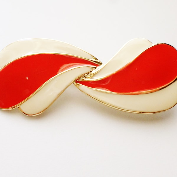 Vintage Red & Cream Enamel Bow Bar Brooch, Curved Shape, Gold Tone, Ivory And Red, Mid Century, Modern, Jewelry, Classic Style