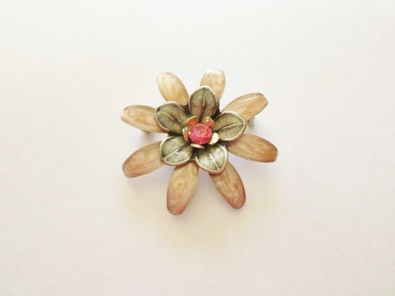 Vintage Pink Rhinestone Pink Enamel Silver Flower… - image 3