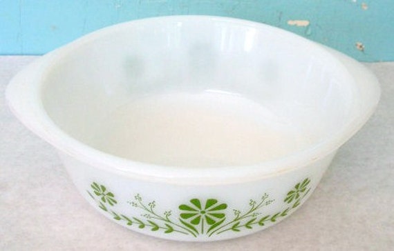 Vintage Glasbake 112 Quart Casserole Dish White With Olive Green Flower Design Made In The Usa