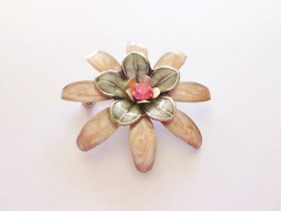 Vintage Pink Rhinestone Pink Enamel Silver Flower… - image 2