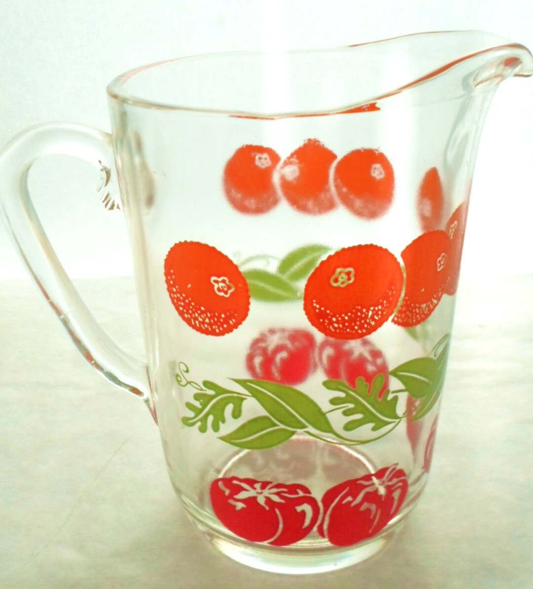Vintage Glass Juice Pitcher With Oranges, Tomatoes, Green Leaves and Vines Small Drink Pitcher