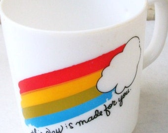 Vintage Rainbow Plastic Drinking Cup "This Day Is Made For You" White with Colorful Rainbow Made in Hong Kong