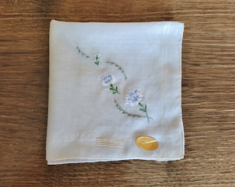 Jahrgang NOS Made In der Schweiz alle Baumwolle Taschentuch, handgerollt, weiß & blau Blumen, Braut, Hochzeit, Zubehör