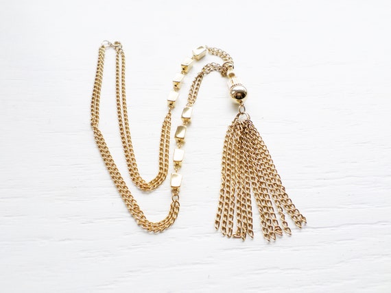 Vintage Gold Tone Dangle Tassel Statement Necklac… - image 1