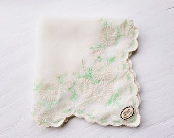 Vintage Beflockte Nylon Taschentuch, Elfenbein Blumen, Mint grün, Scalloped Edge, schnell trocknend, Frau, Mädchen, Zubehör, Feminine