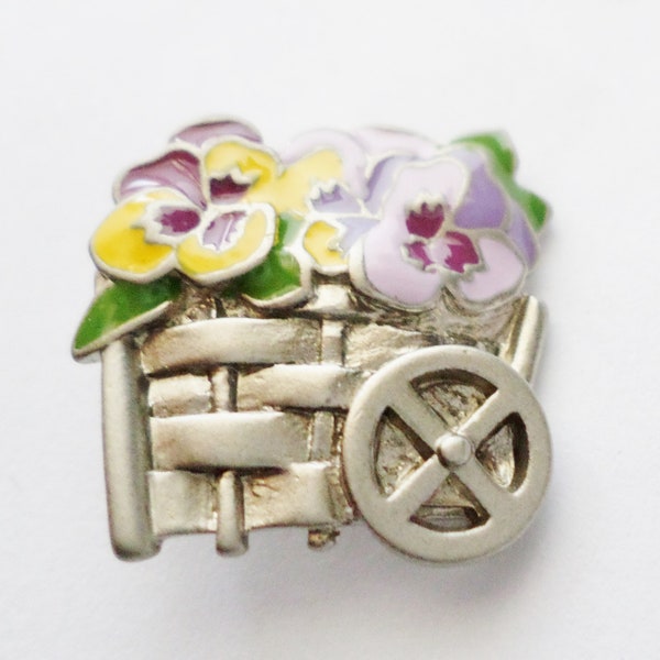 Vintage Enamel Wheel Barrow With Pansies Lapel Pin, Silver Tone, Pin, Unisex Pin, Flowers, Basket Of Flowers