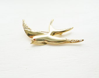 vintage Gold Tone Rhinestone Seagull Brooch, Collectible, Bijoux, Oiseau, Flying Seagull, Grande Brooch d'Oiseau