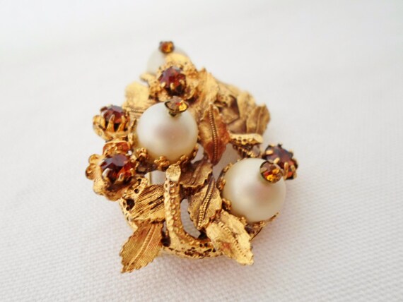 Brooch Gold Acorn With Three White Pearls & Amber… - image 2