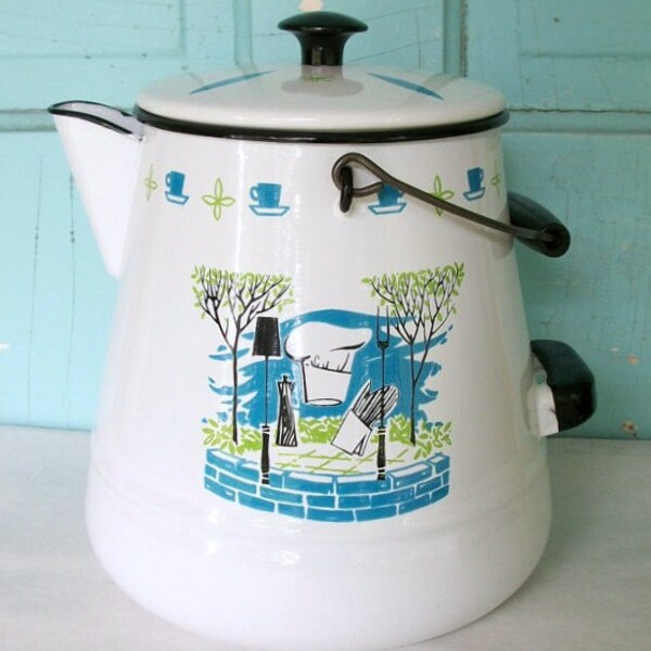 Vintage Enamel Coffee Pot or Drink Pitcher with Barbeque Theme Mid Century Modern Design Large Beverage Container