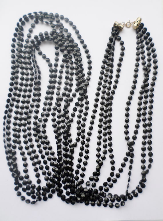 Vintage 4 Strand Black Bead 58" Long Necklace, Sm… - image 1