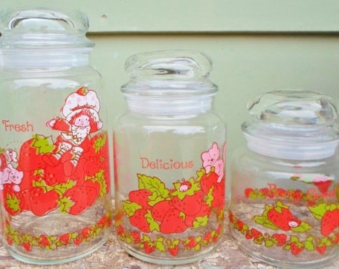 Vintage Strawberry Shortcake Glass Jar Set of 3 Covers With Etsy