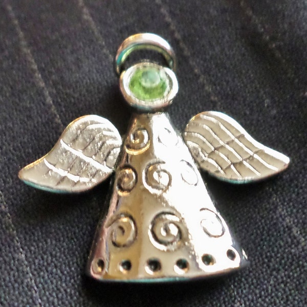 Vintage Angel With Green Rhinestone Head Lapel Pin, Silver Tone, Swirl Design, Jewelry, Pin, Unisex, Religious, Spiritual