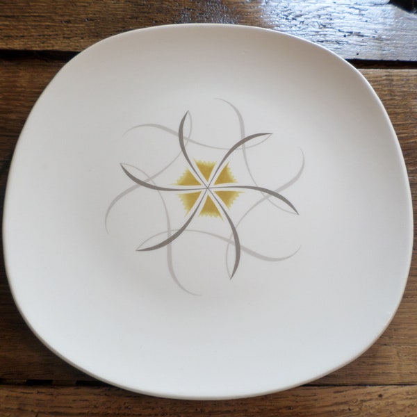 Vintage Edwin Knowles Ribbon Square Dinner Plate, Gray Ribbon, Yellow Center, No Trim, Discontinued, Replacement Plate, Dining, Plate