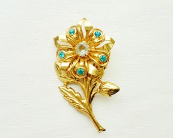 Vintage Gold Tone Flower With Turquoise And Clear Rhinestones Brooch, Flower, Pin, Gold, Jewelry, Collectible Jewelry