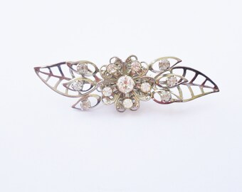 Vintage Blume & Blatt Strass filigrane Brosche, Silber Ton, 1950er Jahre, Sammler Schmuck, Zubehör, Pin, Silber Brosche