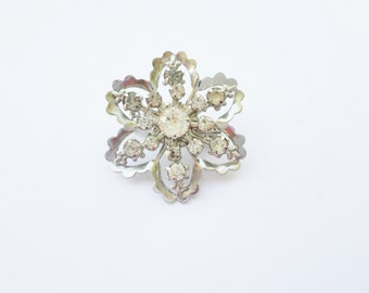 Vintage Flower & Rhinestone Brooch, Silver Tone, 1950s, Collectible Jewelry, Accessories, Pin, Silver Brooch