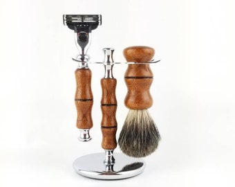 Hand-turned Honduran mahogany wood shaving set - razor, stand and badger hair brush
