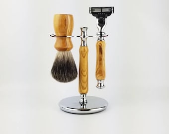 Hand-turned italian olivewood shaving set - razor, stand & badger hair brush