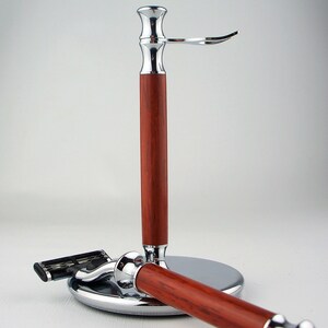 Hand-turned paduak wood razor and stand image 5