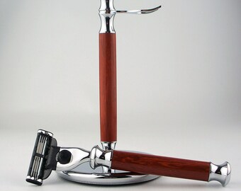 Hand-turned paduak wood razor and stand