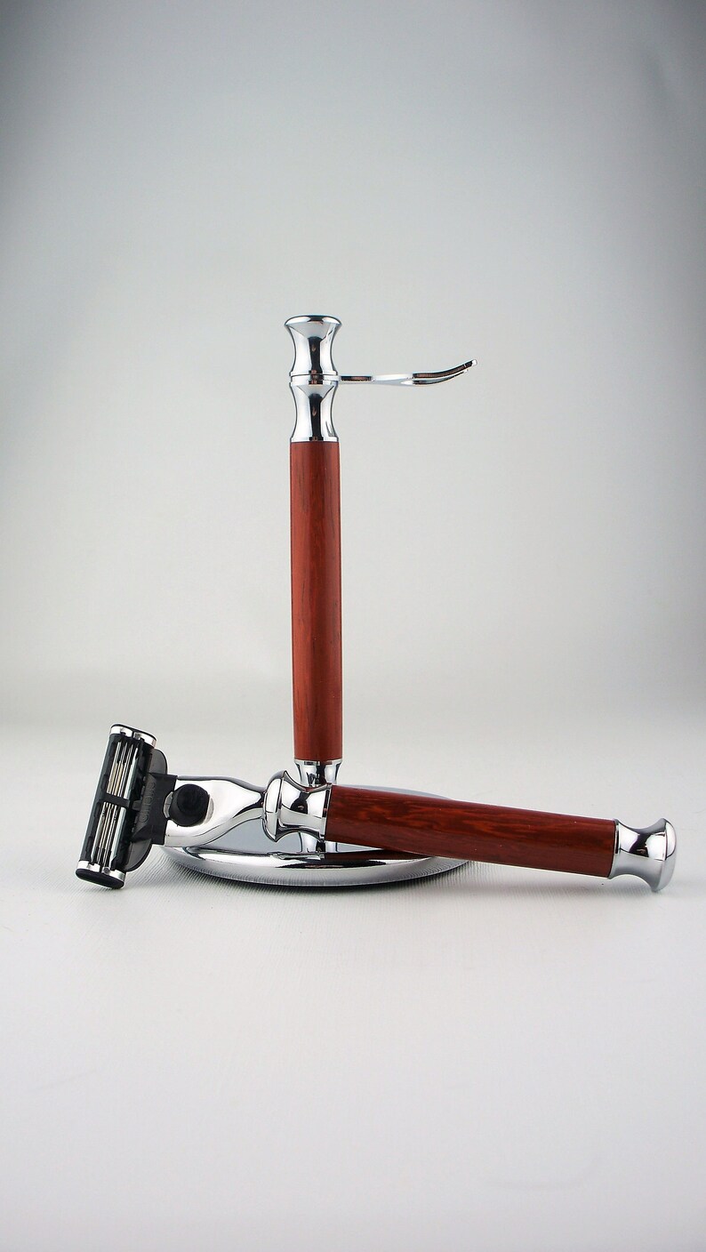 Hand-turned paduak wood razor and stand image 1