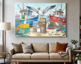 May include: A rectangular wall art print featuring a colorful cartoon illustration of several seagulls interacting with fishing gear, wooden crates, and two boats, one blue and one red, set against a light blue sky and sandy harbor background.