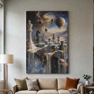May include: A vertical wall art print depicting a surreal chessboard floating in a cosmic sky. A large white king chess piece stands on the checkered surface, while dark knight and sphere shapes drift above. Waterfalls cascade from the board edges.