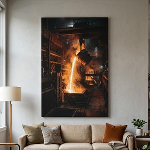 May include: A large vertical wall art print depicting a dark industrial steel mill interior. A heavy crane suspends a large metal ladle pouring a stream of molten, glowing orange liquid metal into a container, creating bright sparks and smoke.