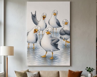 Funny Seagull Wall Art, Coastal Bird Canvas Print, Quirky Animal Decor, Office Bathroom Art, Nautical Humor Print, Beach House Wall Decor