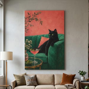 Black Cat Wall Art, Canvas Print, Moody Decor, Aesthetic Cat Painting, Quirky Living Room Art, Retro Pink And Green Decor, Sophisticated Art