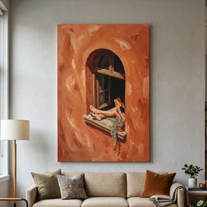 May include: An oil painting on canvas depicting a person lounging on a window sill reading a book. The scene is rendered in shades of terracotta and burnt orange with visible brushstrokes. A small potted trailing plant sits on the ledge.