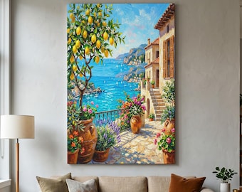 May include: A vertical wall art print depicting a coastal Mediterranean scene with a lemon tree in a terracotta pot, a stone terrace, and a view of the blue sea. The painting features warm-toned buildings, vibrant flowers, and a bright sky.