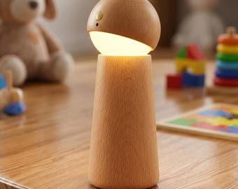 Lampa nocna w kształcie grzyba z litego drewna, sterowanie głosowe i dotykowe, akumulatorowa, ściemnialna