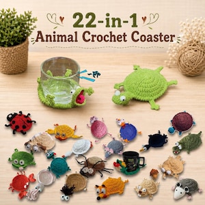 Puede incluir: Una colección de 22 posavasos de ganchillo con formas de animales, incluyendo criaturas como una mariquita, una tortuga, un ratón y un pulpo. Cada posavasos está elaborado con hilo de diversos colores y formas para sostener un vaso o taza.