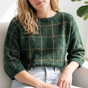 Windowpane Sweater Knitting Pattern, Top Down Pullover, Checkered Knit Jumper (PDF Download)