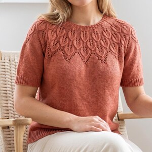May include: A short-sleeved, terracotta-coloured knit jumper featuring a round neckline and a decorative leaf-patterned yoke with intricate eyelet detailing. The garment has a ribbed collar, ribbed sleeve cuffs, and a ribbed hemline.