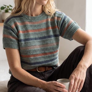 May include: A short-sleeved knit sweater featuring horizontal stripes in sage green, terracotta, and navy blue. The garment has a ribbed crew neckline and cuffs, with alternating sections of stockinette stitch and a textured vertical rib pattern.