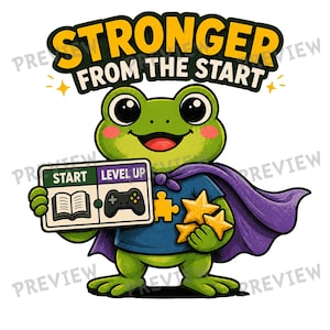 May include: A green cartoon frog wearing a blue shirt with a yellow puzzle piece and a purple cape. The frog holds a sign reading START with an open book icon and LEVEL UP with a game controller icon. Three yellow stars are held in the other hand.
