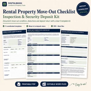 Può includere: Un kit digitale per la lista di controllo di uscita da una proprietà in affitto e il deposito cauzionale, con cinque modelli coordinati in formato PDF e Word. Include un rapporto sulle condizioni stanza per stanza, una lista di controllo e un rendiconto.