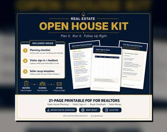 Real Estate Open House Kit, Printable Open House Checklist, Sign In Sheet, Buyer Feedback Form & Seller Recap Template for Realtors