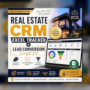 Può includere: Un kit digitale di tracciamento CRM immobiliare Excel e script di conversione lead. La grafica mostra un portatile con una dashboard, un badge dorato del modello di pipeline a 6 fasi e testo tra cui All-in-One System e Microsoft Excel.