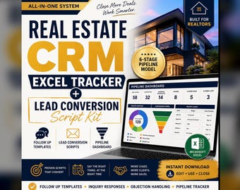 Real Estate CRM Excel Tracker + Lead Conversion Script Kit, Follow Up Templates & Pipeline Dashboard for Realtors