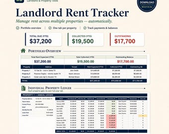Multi-Property Rent Tracker | Small Landlord Rental Portfolio Spreadsheet | Income & Expense Tracker for Multiple Rentals | Excel Template
